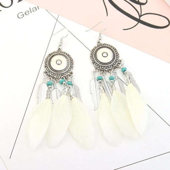 Jewelry - White Feathered Boho Earrings
